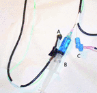 Image: A: sensor and cable; B: delivery syringe with hollow tube; C: LED source (Photo courtesy of AIP).